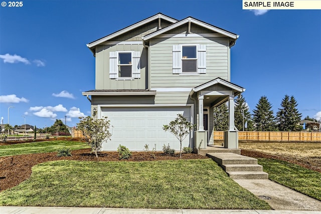 view of front of house with a front lawn, board and batten siding, an attached garage, and fence