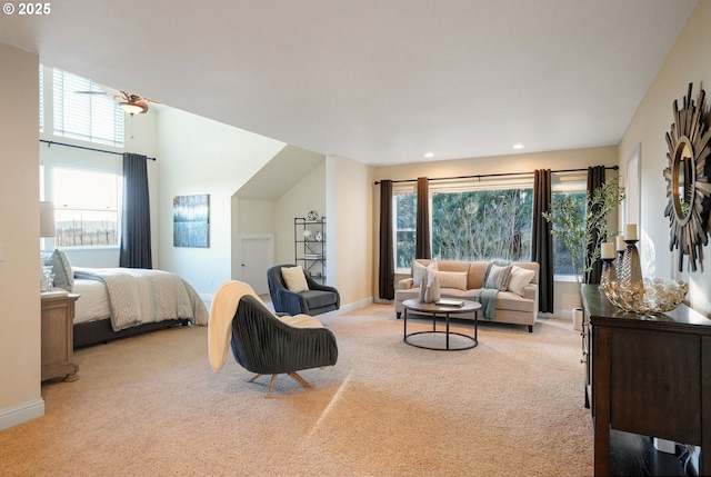 bedroom featuring light carpet