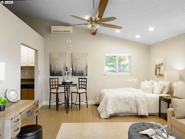 bedroom with vaulted ceiling, a wall unit AC, and a textured ceiling