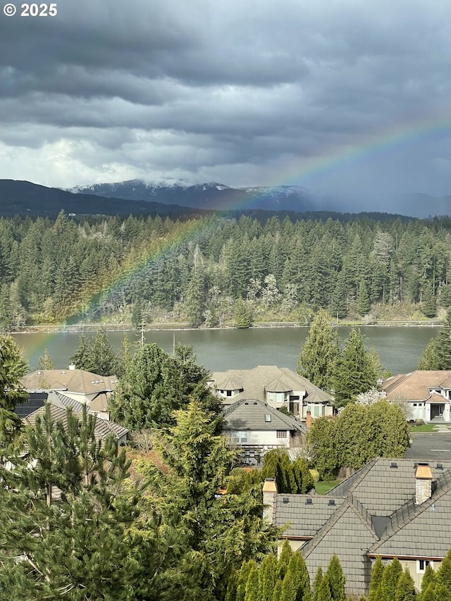 birds eye view of property featuring a water view and a wooded view