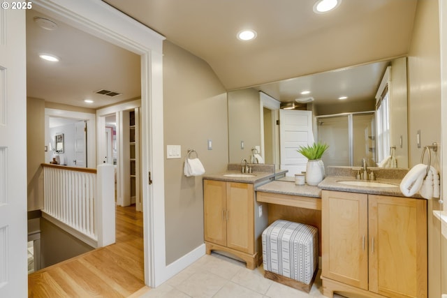 bathroom featuring recessed lighting, visible vents, a stall shower, and vanity