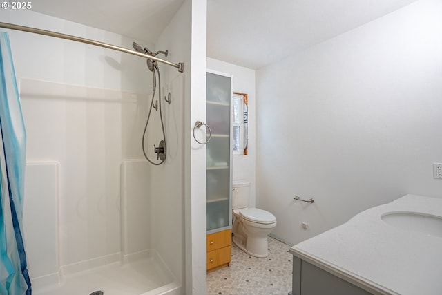 bathroom featuring vanity, curtained shower, and toilet