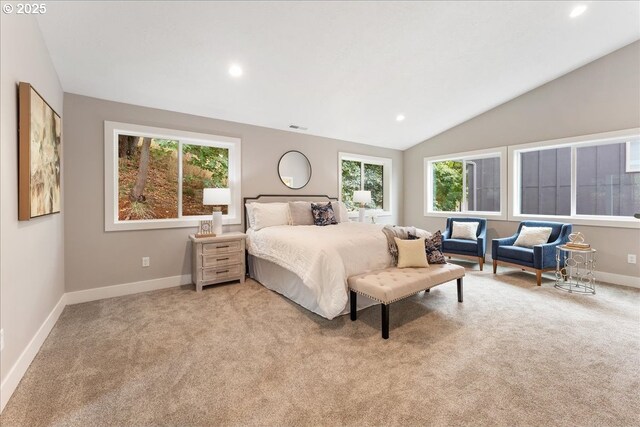 carpeted bedroom with vaulted ceiling