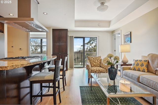 living room featuring recessed lighting, a raised ceiling, light wood-style flooring, and a healthy amount of sunlight