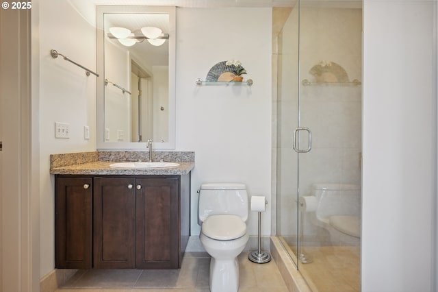 bathroom with a stall shower, tile patterned flooring, and toilet