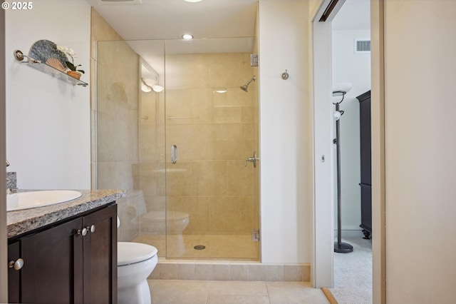 full bath featuring toilet, a stall shower, vanity, and visible vents