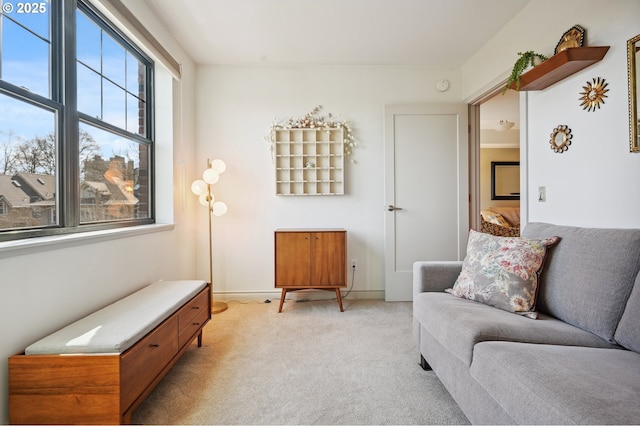 living area with light carpet and baseboards