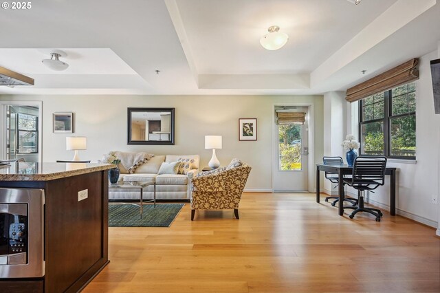 living room featuring light wood finished floors, a raised ceiling, and baseboards