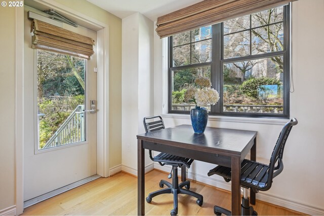 office with plenty of natural light, baseboards, and wood finished floors