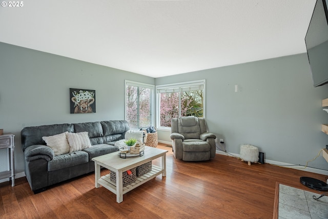 living area featuring baseboards and wood finished floors