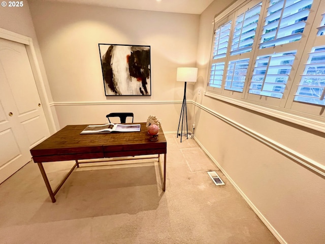 home office featuring visible vents, baseboards, and carpet floors