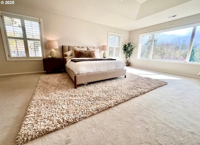 bedroom with carpet flooring, baseboards, and visible vents