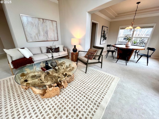 carpeted living area featuring crown molding, a raised ceiling, and baseboards