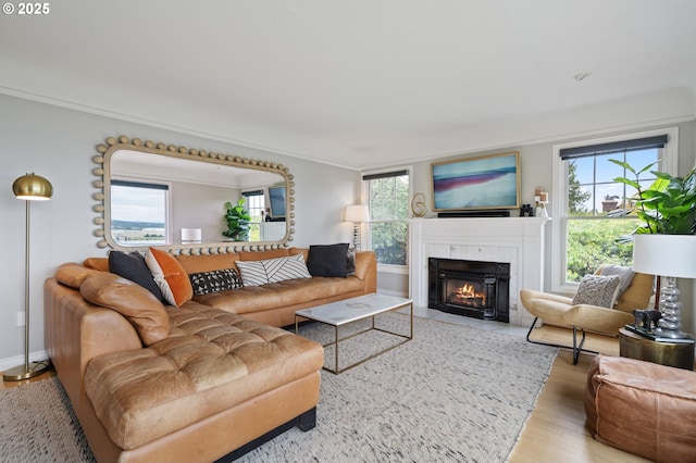 6413 Buena Vista Dr, Vancouver, WA 98661 - living area with wood finished floors, a fireplace with flush hearth, and ornamental molding