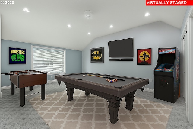 9373 SW Fast Pl, Portland, OR 97223 - rec room with lofted ceiling, light carpet, recessed lighting, and billiards table