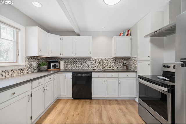 2822 NE Fremont Dr, Portland, OR 97220 - kitchen with black dishwasher, stainless steel electric range, wall chimney range hood, beam ceiling, and backsplash
