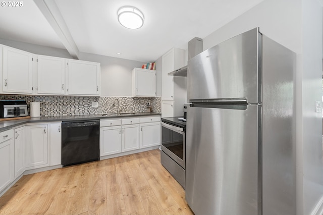 2822 NE Fremont Dr, Portland, OR 97220 - kitchen with stainless steel appliances, dark countertops, light wood-style floors, backsplash, and beam ceiling
