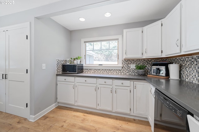 2822 NE Fremont Dr, Portland, OR 97220 - kitchen featuring dishwasher, stainless steel microwave, decorative backsplash, white cabinets, and recessed lighting