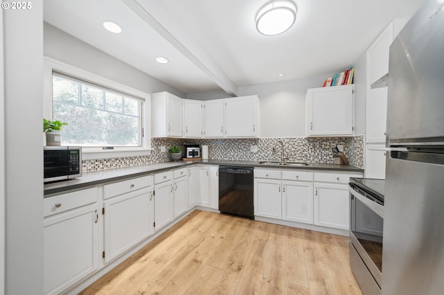 2822 NE Fremont Dr, Portland, OR 97220 - kitchen with stainless steel appliances, dark countertops, tasteful backsplash, light wood-type flooring, and white cabinetry