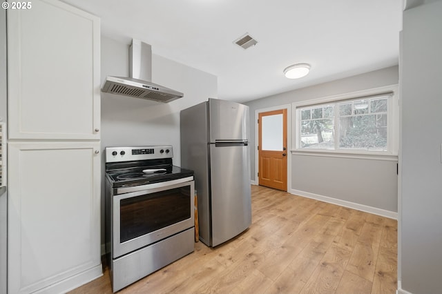 2822 NE Fremont Dr, Portland, OR 97220 - kitchen featuring wall chimney exhaust hood, appliances with stainless steel finishes, light wood finished floors, and white cabinets