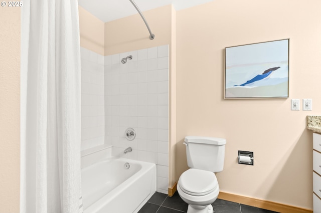 1710 S Harbor Way Unit 201, Portland, OR 97201 - full bathroom with tile patterned flooring, shower / tub combo, toilet, vanity, and baseboards