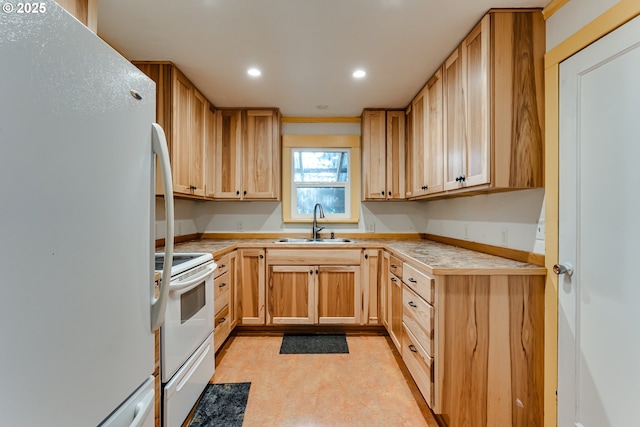 1327 Grant St, Eugene, OR 97402 - kitchen featuring white appliances, a sink, light countertops, recessed lighting, and light brown cabinetry