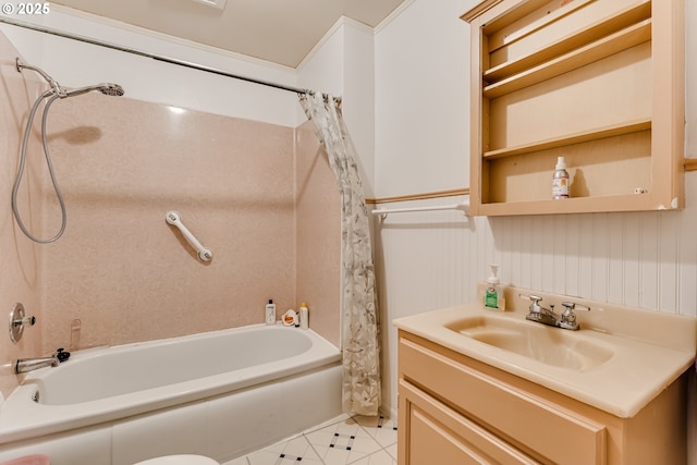 1327 Grant St, Eugene, OR 97402 - bathroom featuring shower / bath combo with shower curtain, vanity, and tile patterned flooring