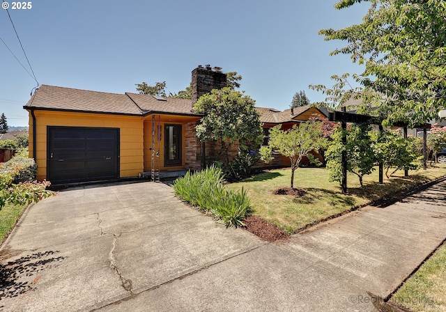 5730 N Harvard St, Portland, OR 97203 - view of front facade with a garage, a chimney, driveway, and a front lawn