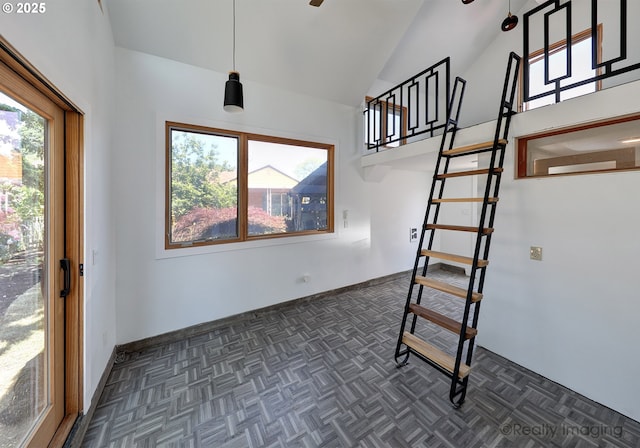 5730 N Harvard St, Portland, OR 97203 - staircase featuring baseboards and high vaulted ceiling