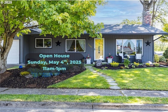 single story home featuring a front lawn and a chimney