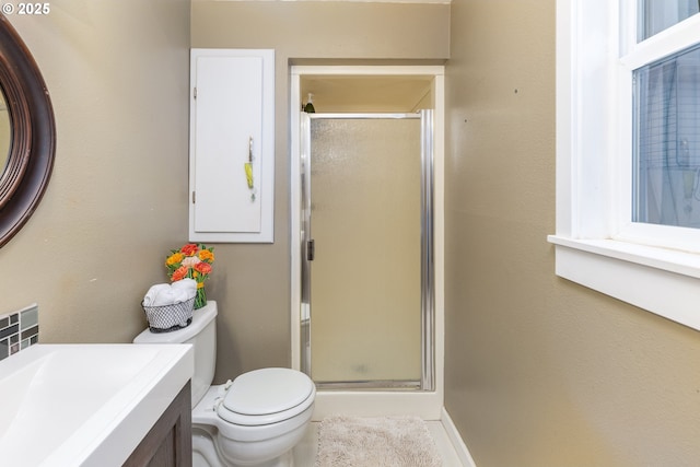 bathroom featuring vanity, toilet, and a stall shower