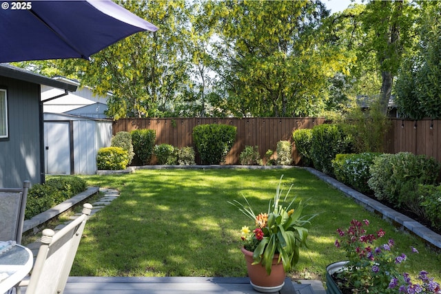 view of yard featuring an outdoor structure, a fenced backyard, and a shed