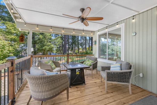 311 S 68th Pl, Springfield, OR 97478 - wooden terrace with ceiling fan and an outdoor living space with a fire pit