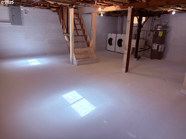708 W 28th St, Vancouver, WA 98660 - unfinished basement with electric water heater, electric panel, washing machine and dryer, and stairway
