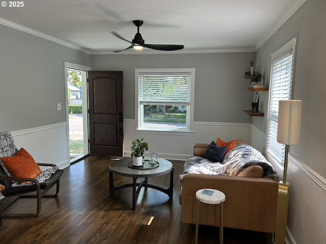 708 W 28th St, Vancouver, WA 98660 - living room featuring a wainscoted wall, plenty of natural light, dark wood finished floors, ceiling fan, and ornamental molding