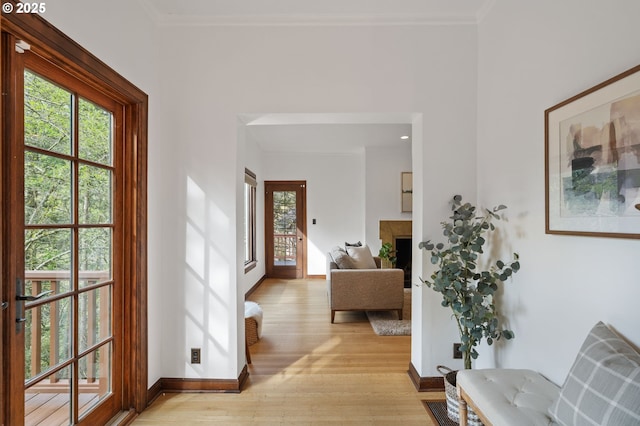 interior space featuring crown molding, light wood-style floors, baseboards, and a healthy amount of sunlight