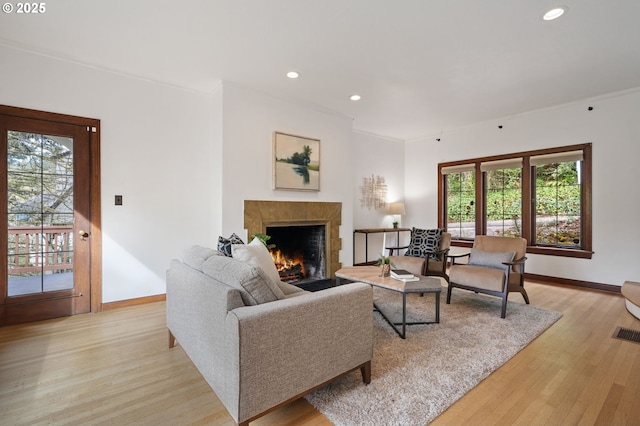 living area featuring baseboards, a warm lit fireplace, and a healthy amount of sunlight