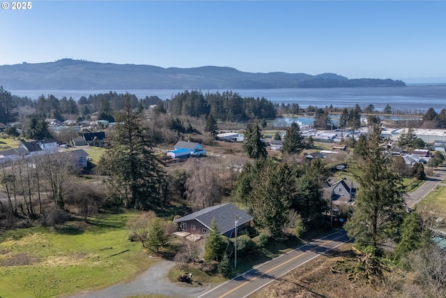 drone / aerial view featuring a water and mountain view