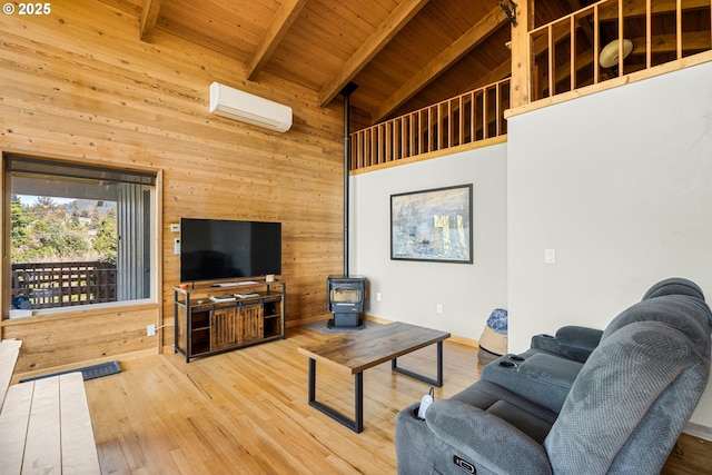 living room with beam ceiling, wood ceiling, a wood stove, wood finished floors, and a wall mounted air conditioner