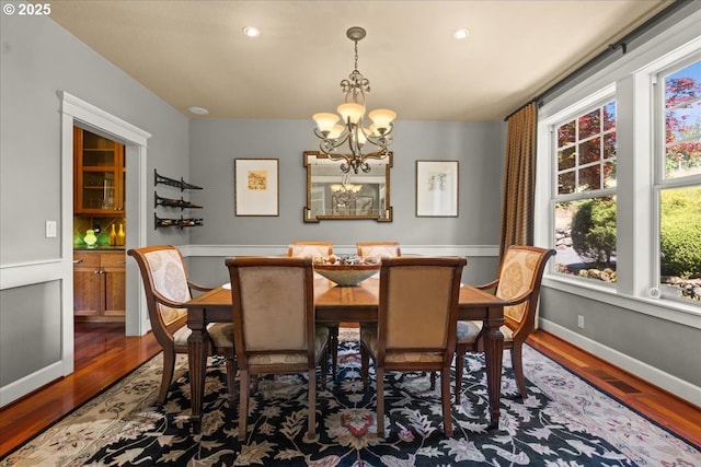 12521 NW Jackson Quarry Rd, Hillsboro, OR 97124 - dining space featuring a chandelier, wood finished floors, recessed lighting, and baseboards