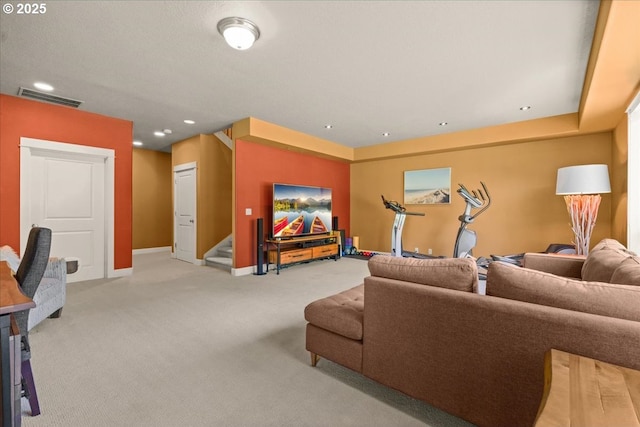 12521 NW Jackson Quarry Rd, Hillsboro, OR 97124 - living area featuring light colored carpet, stairs, baseboards, and recessed lighting