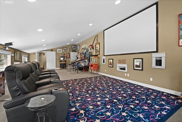 12521 NW Jackson Quarry Rd, Hillsboro, OR 97124 - home theater featuring carpet, lofted ceiling, recessed lighting, and baseboards