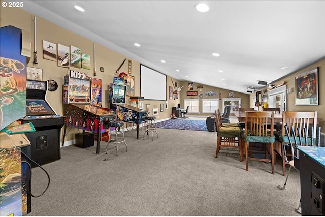 12521 NW Jackson Quarry Rd, Hillsboro, OR 97124 - playroom with carpet floors, recessed lighting, vaulted ceiling, and baseboards