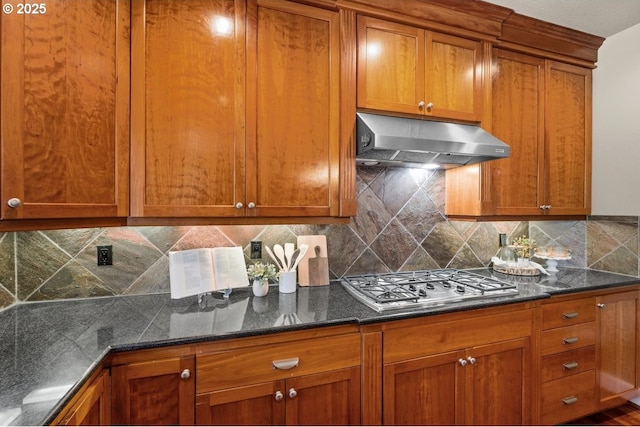 12521 NW Jackson Quarry Rd, Hillsboro, OR 97124 - kitchen featuring under cabinet range hood, stainless steel gas stovetop, and brown cabinets