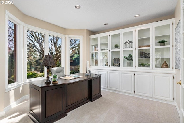 office with recessed lighting, baseboards, and light carpet