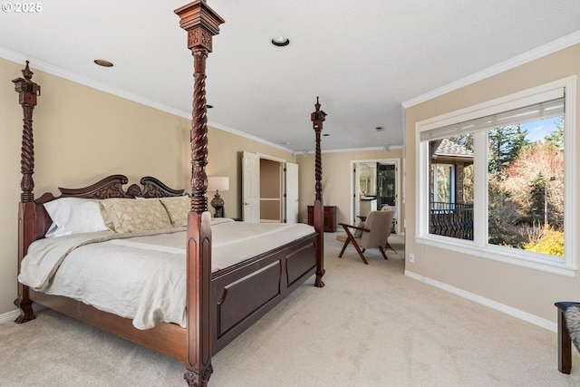 bedroom with baseboards, light carpet, and crown molding