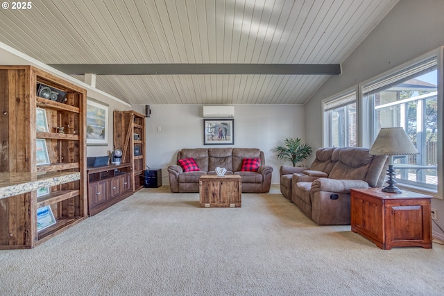 living area with a wall mounted air conditioner, light carpet, and vaulted ceiling with beams