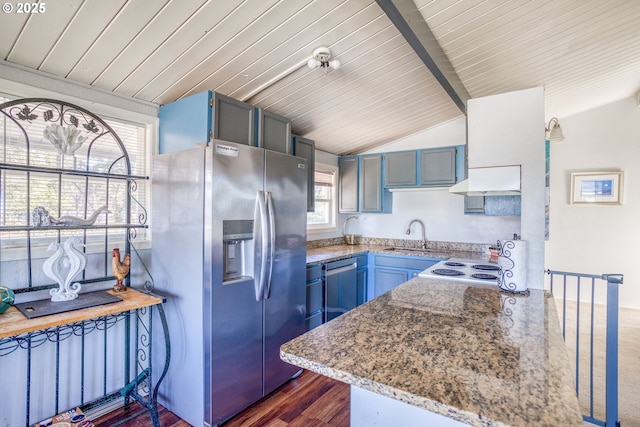 kitchen with blue cabinets, dark wood-type flooring, a sink, stainless steel fridge with ice dispenser, and vaulted ceiling with beams