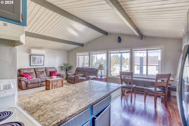 kitchen featuring blue cabinetry, vaulted ceiling with beams, a wall unit AC, wood finished floors, and stove