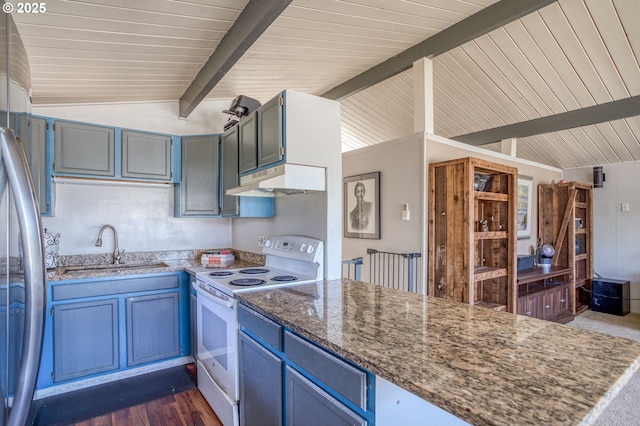 kitchen with under cabinet range hood, lofted ceiling with beams, white electric range oven, stone countertops, and a sink